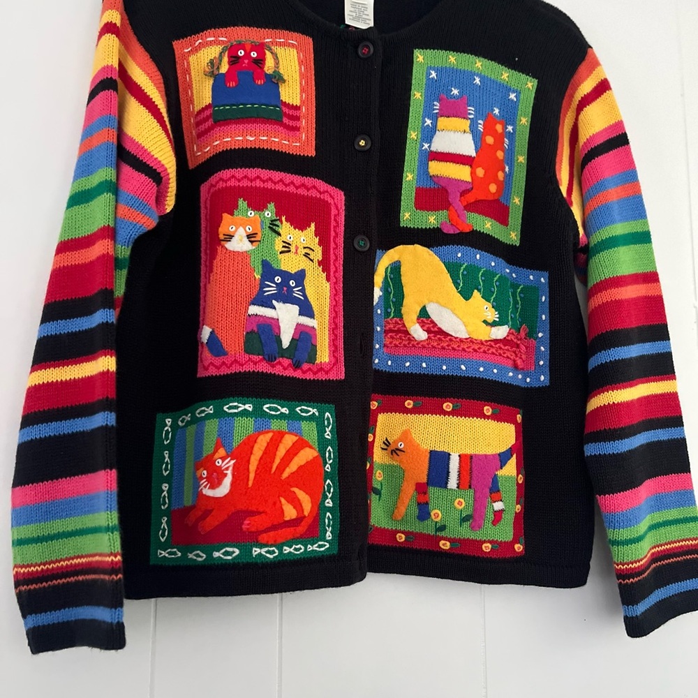 Susan Bristol Petites Colorful Black Embroidered Cats Sweater Cardigan Sz PLarge - Picture 2 of 12